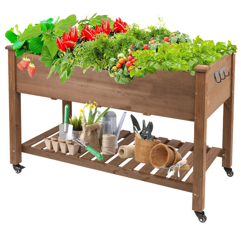 Behn Mobile Wooden Elevated Planter With Wheels