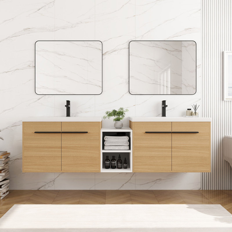 Meuble-lavabo mural avec lavabo de comptoir en résine, combinaison de 1 tablette de rangement et 4 portes à fermeture douce