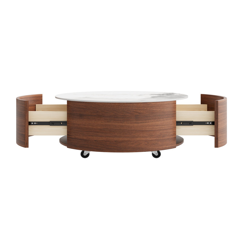 Table basse ronde moderne à roulettes, plateau en pierre frittée, 2 tiroirs, fini noyer