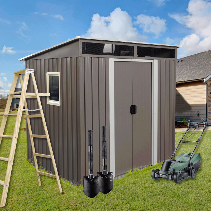 6Ft X 5Ft Outdoor Metal Storage Shed With Window Transparent Plate, Gray