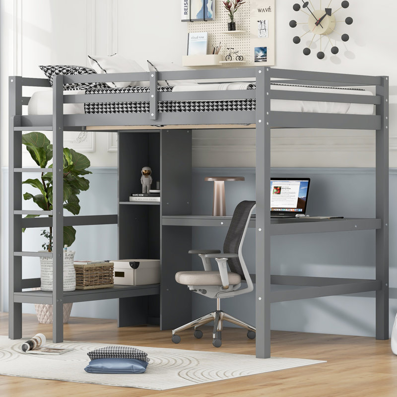Lit mezzanine avec tablettes et bureau, Gris