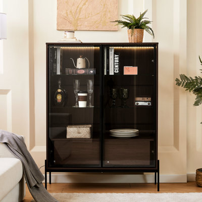 Led Lighted Curio Cabinet With Tempered. Modern For Study. Metal Legs, Construction. 4 Adjustable Shelves, 2 Storage Drawers, Black Showcase Tempered by Ivy Bronx