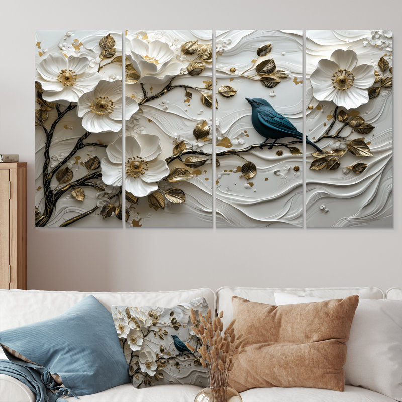 Birds Love Under Gold - Orchidée blanche Garden Garden - cerisier en fleurs, art mural, ensemble de salon, H 32 po x l 64 po