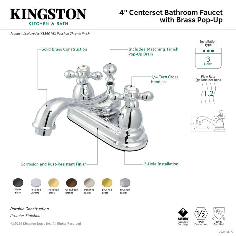 Kingston Brass Restoration Two-Handle 3-Hole Deck Mount 4" Centerset Bathroom Faucet with Brass Pop-Up, Brushed Nickel