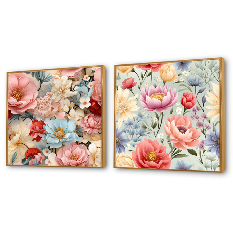 Loyce - Ensemble de 2 collages carrés floraux, H 16 po x l 33 po, Cadre flottant doré
