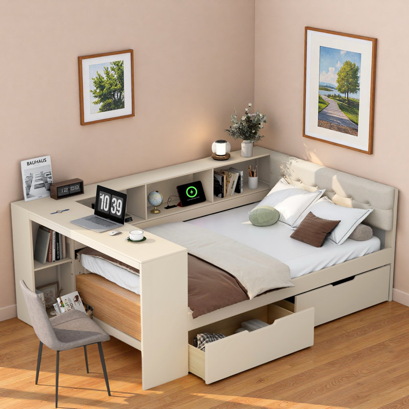 Lit plateforme avec tablettes de rangement, tiroirs, station de charge, bureau et tête de lit tapissier, Crème, crème, Double
