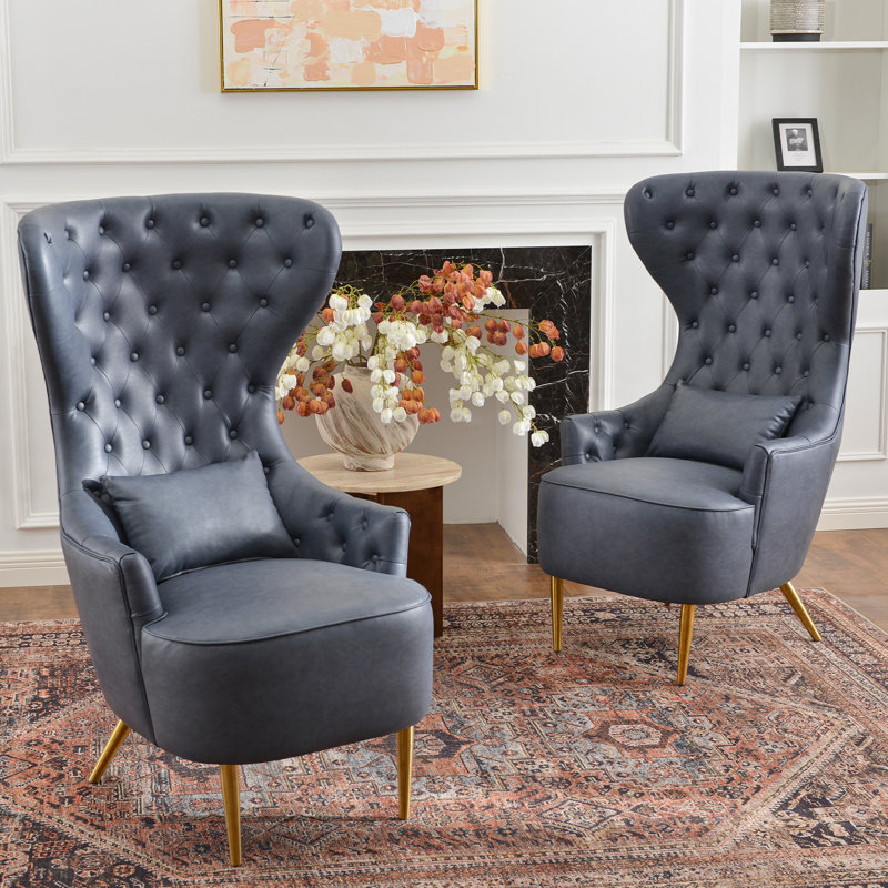 Fauteuil à oreilles Flaxville, Similicuir bleu marine