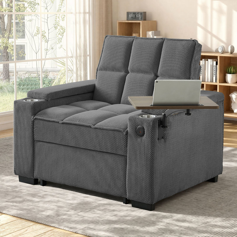 Chaise longue convertible simple avec USB et Type-C, 2 porte-gobelets, table d'appoint, rangement sous le siège et accoudoirs de rangement