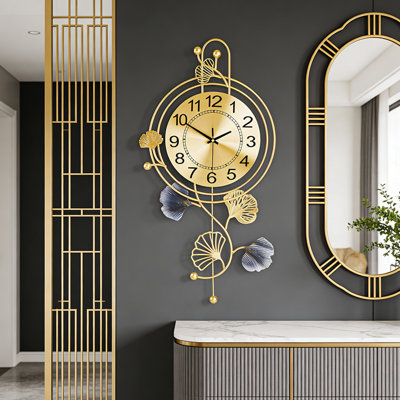 Horloge murale élégante en métal avec pendule et feuilles dorées et grises, horloge murale moderne en métal silencieuse