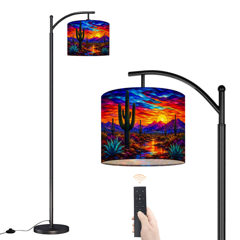 Lampe sur pied à arc avec abat-jour réglable Saguaro Sunset Arizona Cactus bleu sarcelle orange sur pied Saguaro Lampe sur pied 3 températures de couleur à intensité variable Lampe sur pied avec interrupteur au pied pour la chambre à coucher