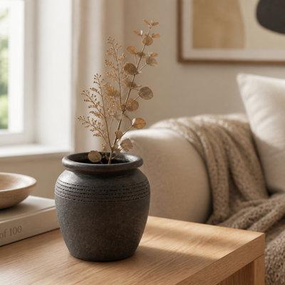 Vase rustique en terre cuite pour fleurs en bouton, idéal pour la maison ou le bureau - Grand vase de table avec finition artisanale texturée, parfait pour décorer un salon, une étagère ou une entrée - 15 cm