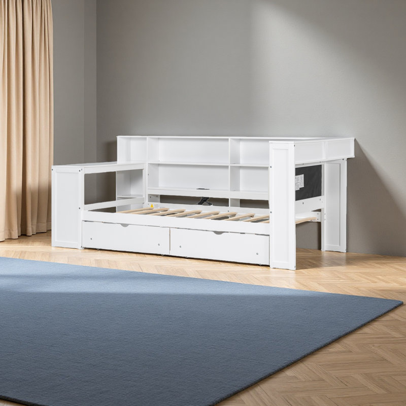 Wood Platform Bed With Storage Shelves, Drawers, Charging Station, LED, Desk And Upholstered Headboard, Twin, White