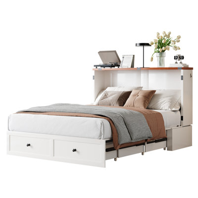  Murphy Bed With Built-in Charging Station, Queen Size Cabinet Bed With Tri-folding Mattress, Queen Murphy Cabinet Beds With Storage Drawers For Living Room, Apartment, Bedroom