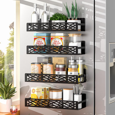 Magnetic spice rack for 4-piece refrigerator, heavy metal magnetic refrigerator holder, with 4 hooks, no drilling required, kitchen organization with rust-proof spice storage, 11 lbs. load capacity Black
