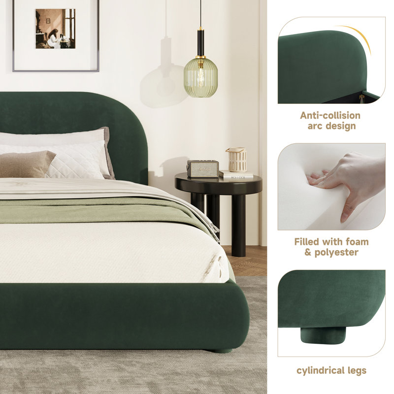 Liz Boucle Upholstered Bed With Curved Headboard & Wooden Frame, Queen, Green Velvet