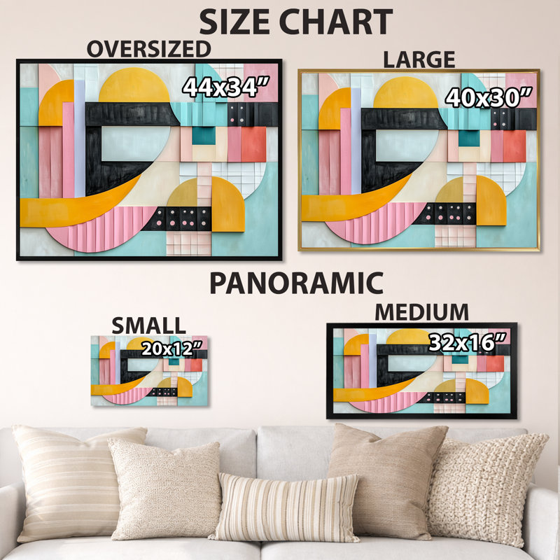 Blocs pastel ensoleillés - Tableau encadré géométrique rose, H 12 po x l 20 po, Cadre photo noir