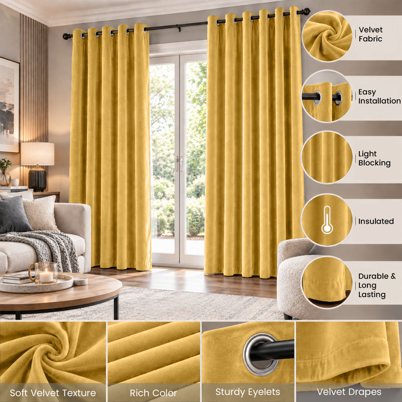 Soft Velvet Room Darkening Curtains, Ochre, 117 × 229 cm