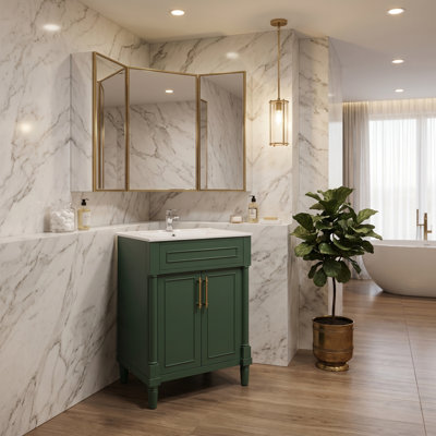 Meuble-lavabo compact 24 po avec lavabo demi-lune en céramique - Armoire de rangement à 2 portes avec tablette réglable pour les petites salles de bain, les salles d'eau ou les salles de bain d'invités