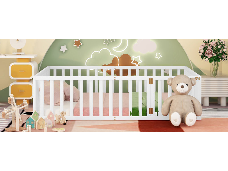 Queen  Size Wood Floor Bed Frame With Fence And Door, White, White, Queen