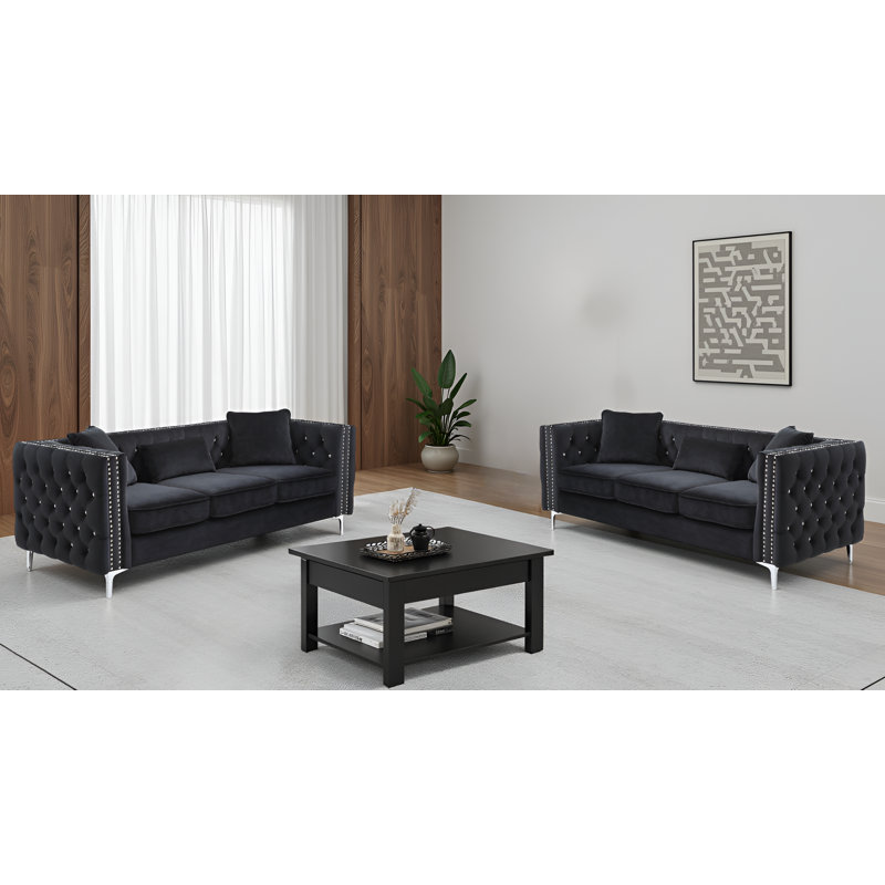 Lyon Velvet Black Sofa Set Of 2, Black