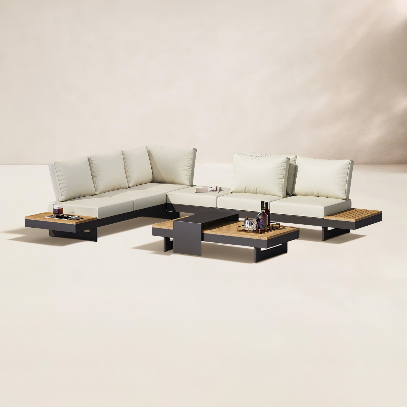 97" Teak Patio Sectional, Beige