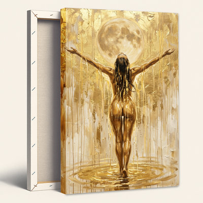 Nude Woman Under Full Moon Gold Drip Texture Canvas Wall Art