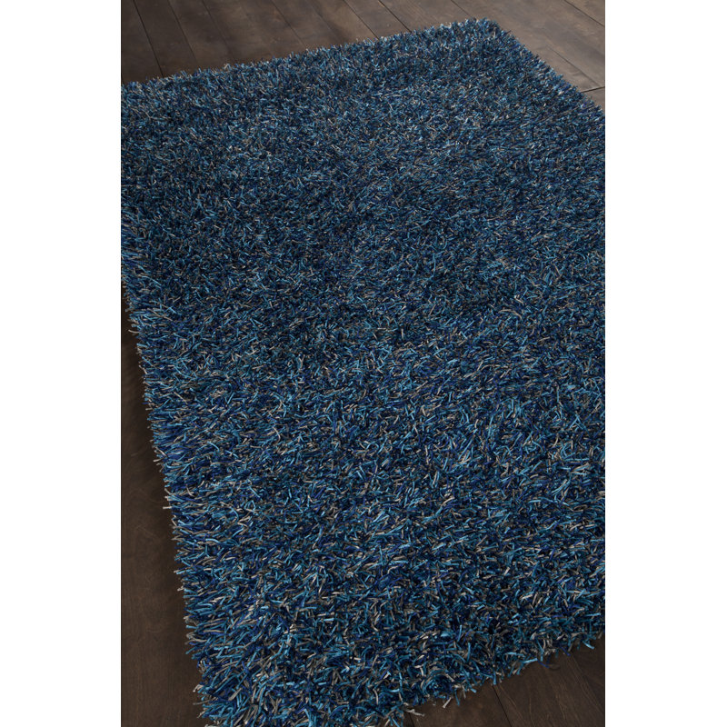 Callum Authentic Hand Woven Handmade Triple-Mixed Blue, Silver & Aqua Modern Abstract Polyester Shag Area Rug, Blue/Silver