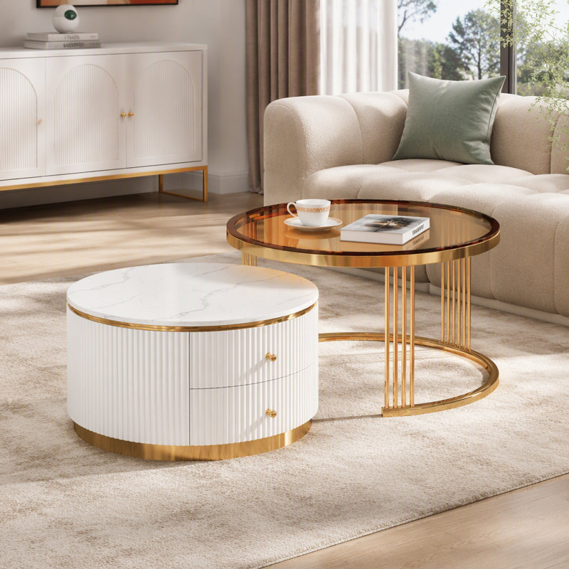Table basse gigogne ronde moderne en 2 pièces avec tiroirs, 27,6 po, Brun / or