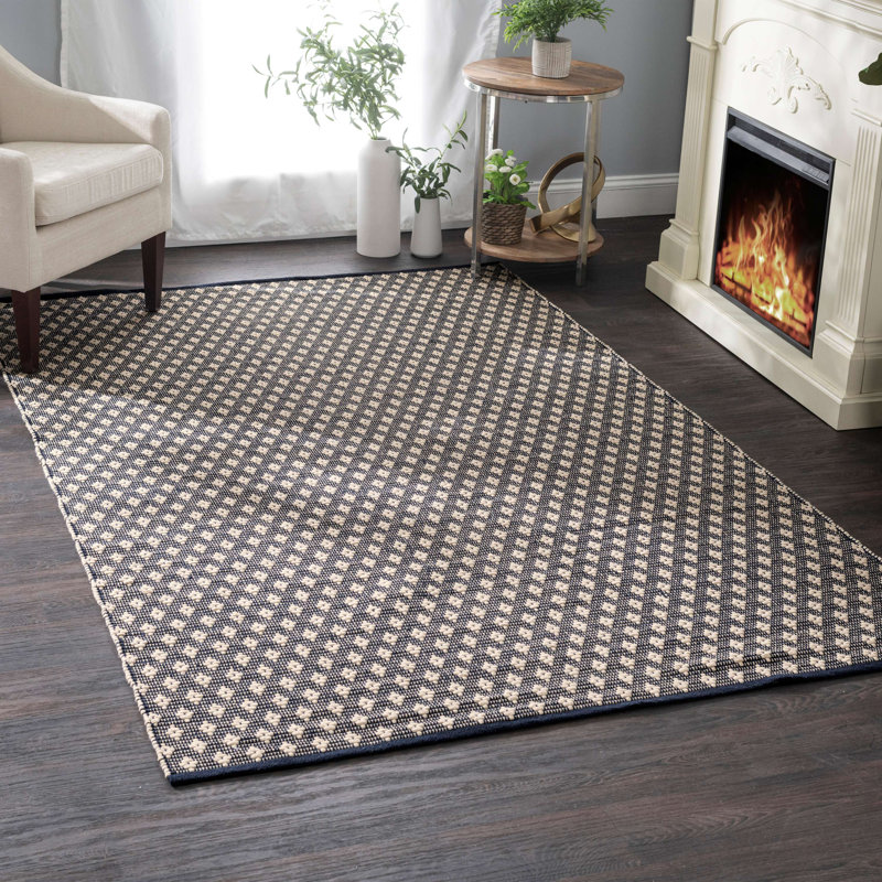 Dainty Diamond Navy/Ivory Handwoven Cotton Rug, Rectangle 6' x 9'