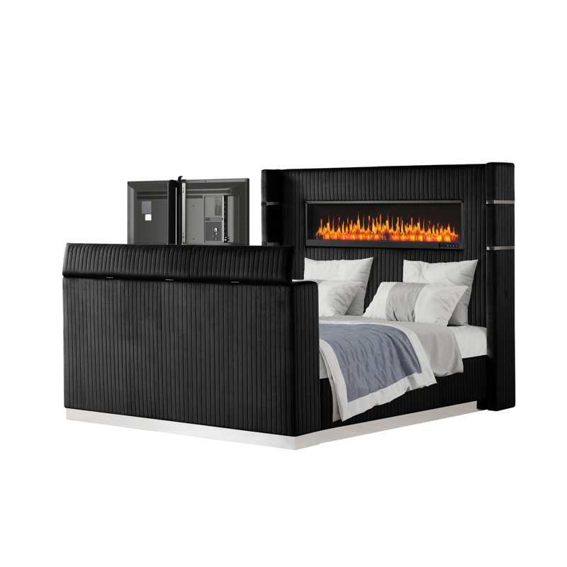 Chambre avec grand lit et tête de foyer intrigante, Grand lit, Noir