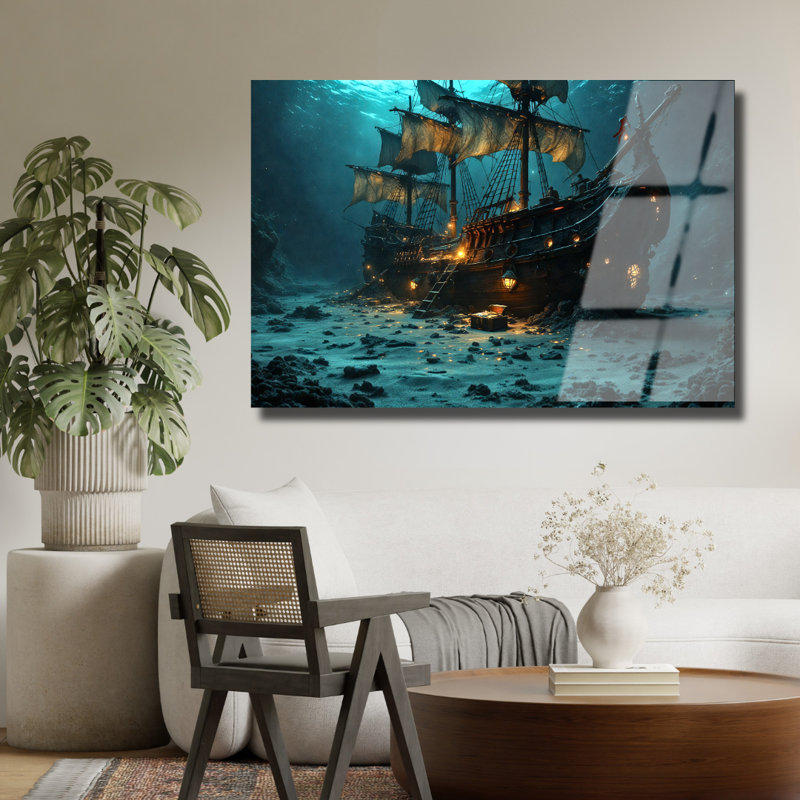 Bateau pirate, art mural en verre trempé, 30" H x 40" W