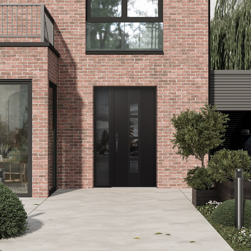 Porte d'entrée pré-suspendue à panneau en acier noir Diamond A10 avec panneau latéral, Droite / vers l'intérieur