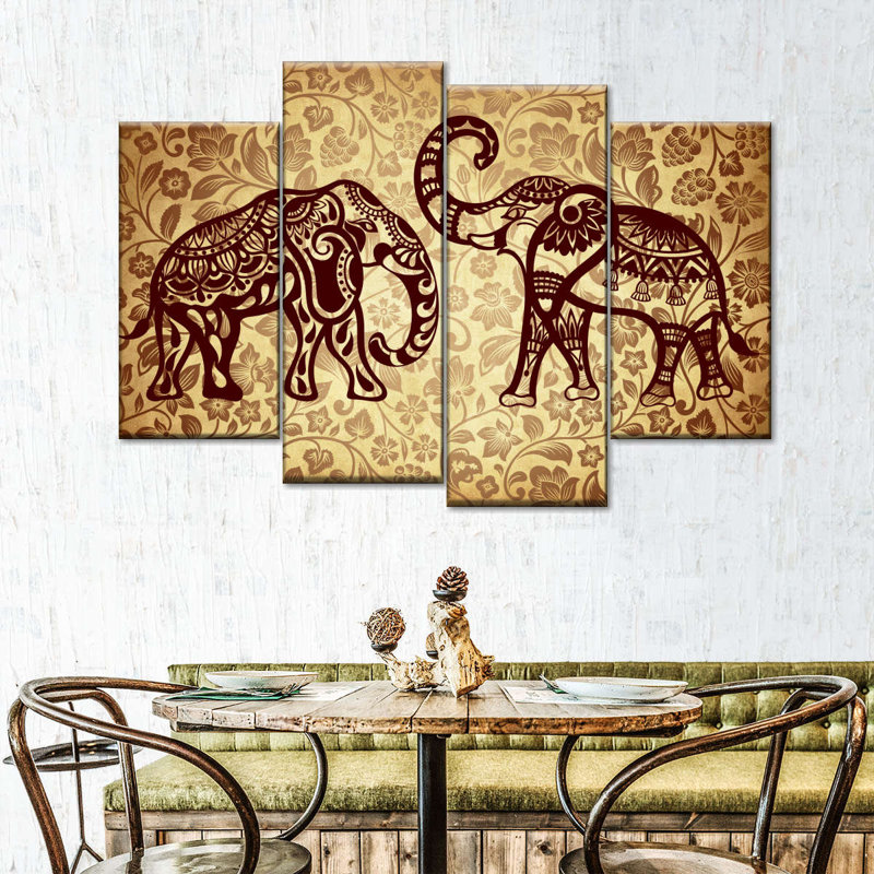 Éléphant deux éléphants de Bohème sur toile, ensemble de 4 pièces, H 42 po x l 68 po x P 1,25 po