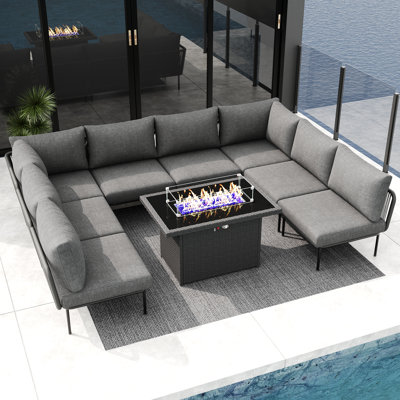 Outdoor Patio Woven Rope Wicker Modular 9 Pieces Sectional Set With Fire Pit Table And Cushions
