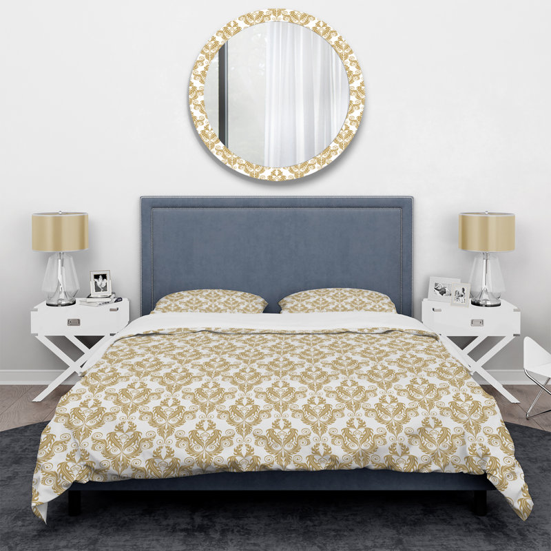 Ensemble de housse de couette à motif damas blanc et doré - Polyester microfibre