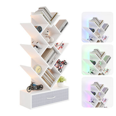 Bibliothèque moderne à 7 niveaux en forme d'arbre avec éclairage DEL et tiroir en tissu – Bibliothèque verticale pour bureau, salon, chambre – Design étroit pour petits espaces – Plateau en bois blanc + tiroir en tissu gris