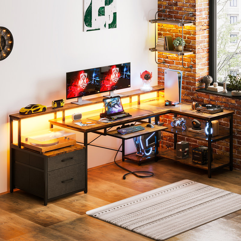 Sholpan LED L-Shaped Desk with Cabinet with Power Outlets, 35" H x 67.8" W x 39.4" D, Brown/Black