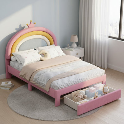 Adame Upholstered Rainbow Design Bed, Velvet Princess Platform Bed with Storage Drawer, Pink