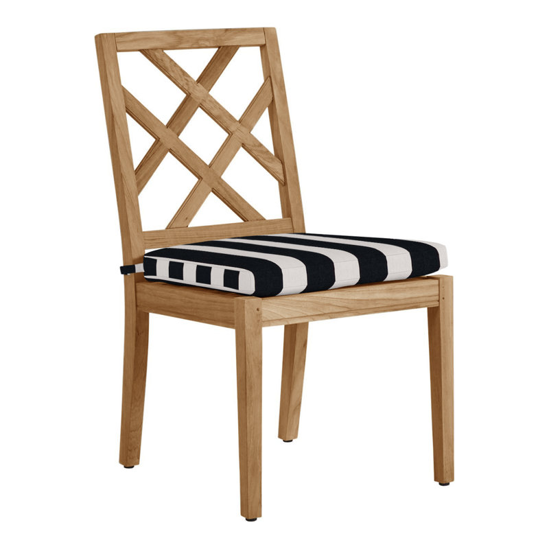Haley Patio Dining Side Chair with Cushions, No Welt, Cabana Stripe Midnight, Natural Teak
