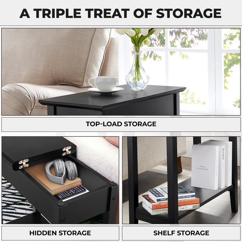 Galnares Compact Narrow End Table with Hidden Storage – Small Side Table, Wood Nightstand, Accent Table, Black