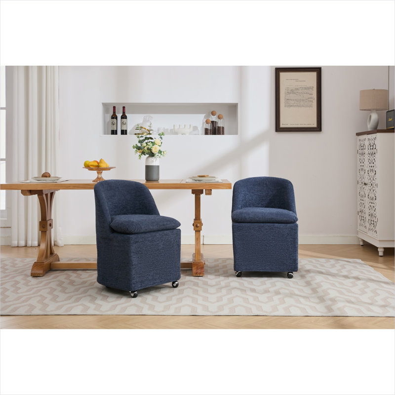Ensemble de 2 chaises de salle à manger rembourrées en chenille avec roues pivotantes à 360 ° en bleu foncé
