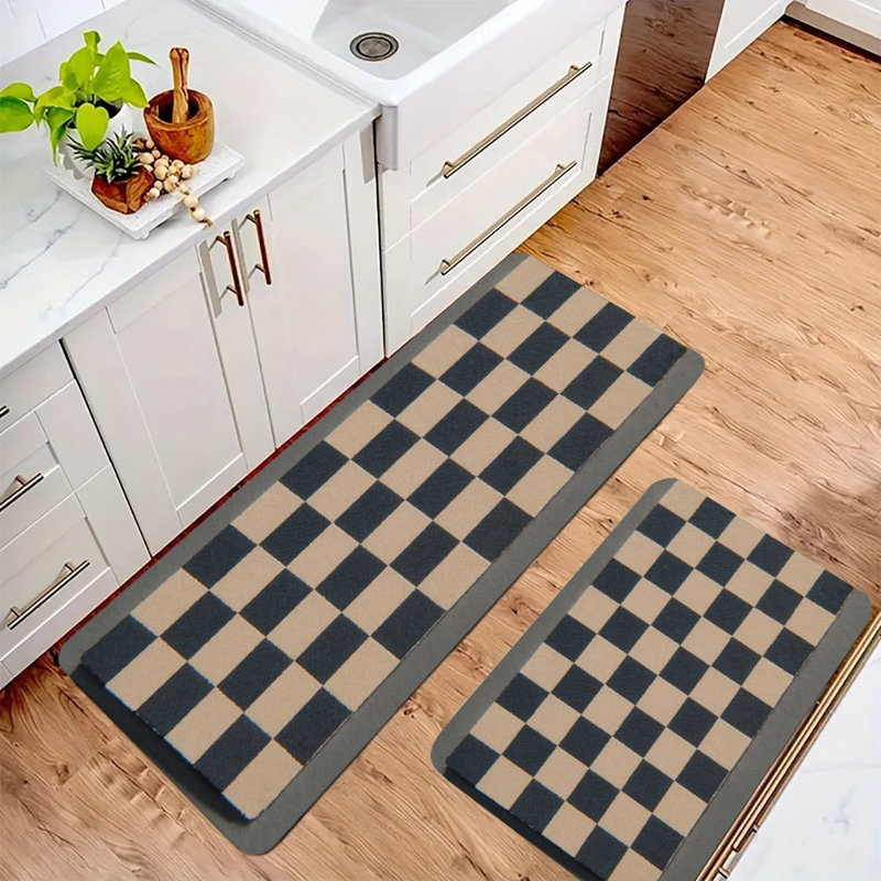 Checkered Plaid Kitchen Mat Set – 2 Pieces, Black Checkered