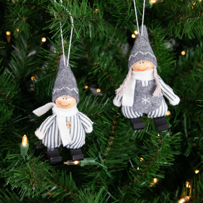 Gray and White Plush Twin Christmas Ornaments