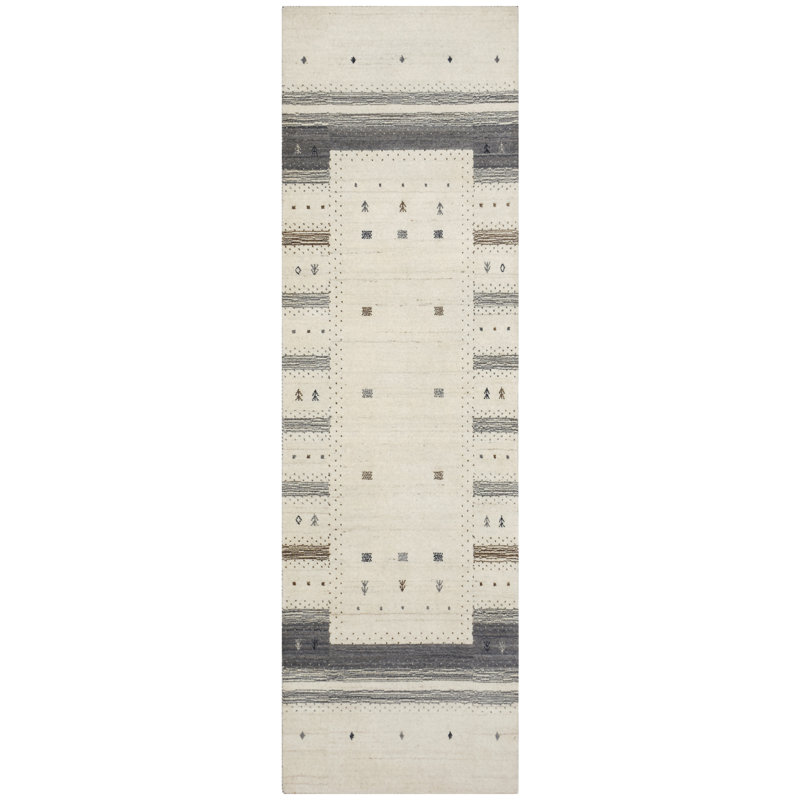 Hand Knotted Wool Striped Area Rug in Natural/Taupe/Gray, Runner 2'6" x 8'