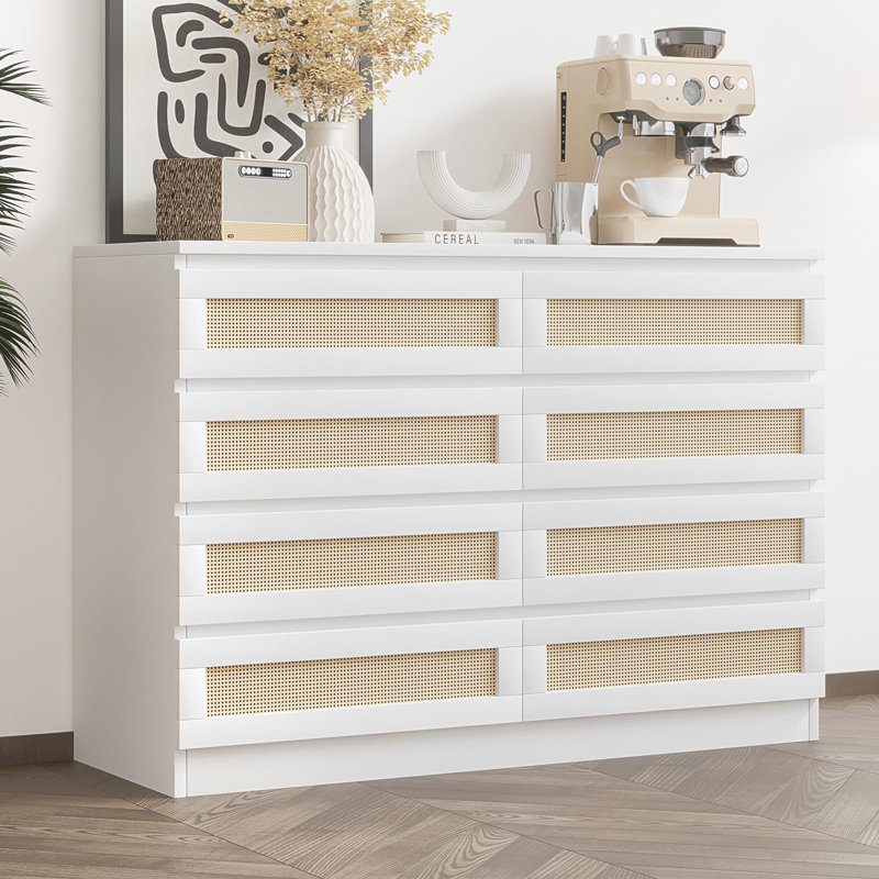 Commode double 8 tiroirs pour chambre à coucher, commode en rotin, Blanc / Blanc