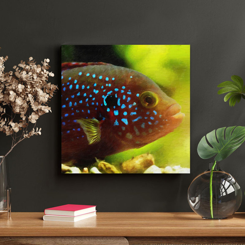 «Blue and White Polka Dot Fish 1», peinture sur toile tendue, L 32 po x H 32 po