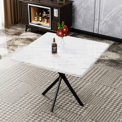 Table carrée blanche moderne pour la salle à manger, 38,6 po, pieds en fer, table de cuisine facile à nettoyer et à assembler, et fer à repasser, assembler, peu encombrante