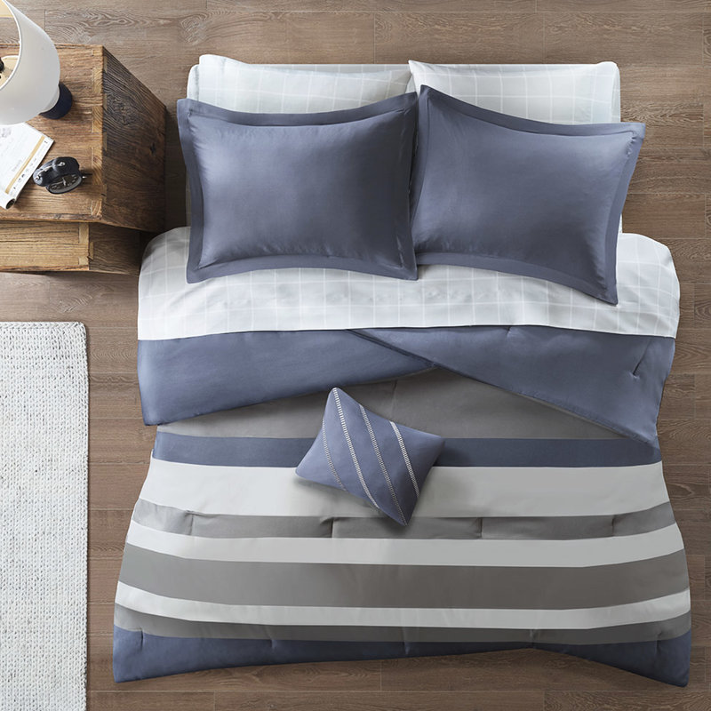 Twin Bed With Blue And Grey Striped Comforter & Sheet Including Sheets Decorative Pillow -