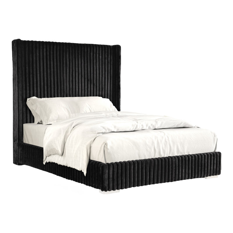 Bertogne Tall Wingback Headboard Upholstered Bed, Queen, Black