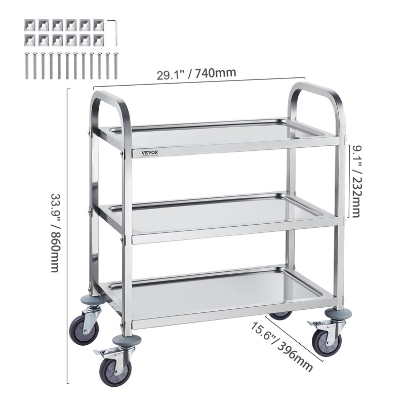 VEVOR 34'' Stainless Steel 3-Tier Utility Cart with Swivel Wheels
